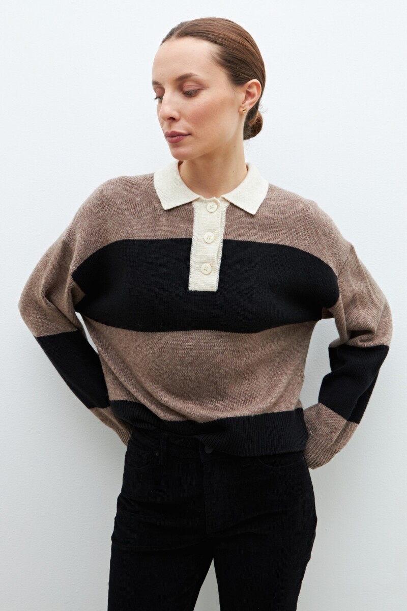 Sweater rayado cuello polo beige melange