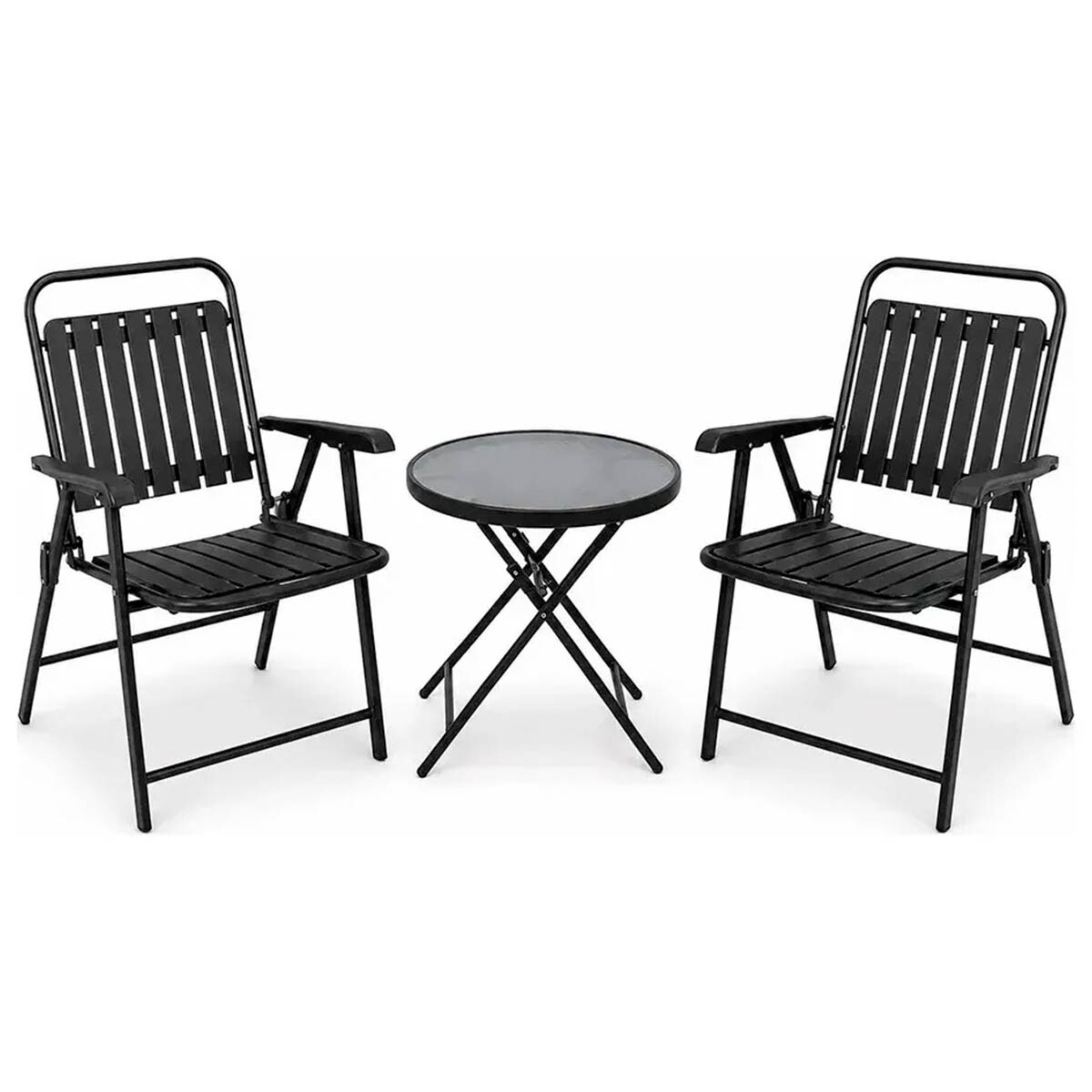 Set Juego Jardín Mesa Redonda + 2 Sillas Plegable - Negro 