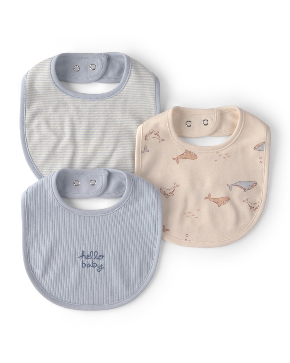 Pack tres baberos de algodón, azul y crema 