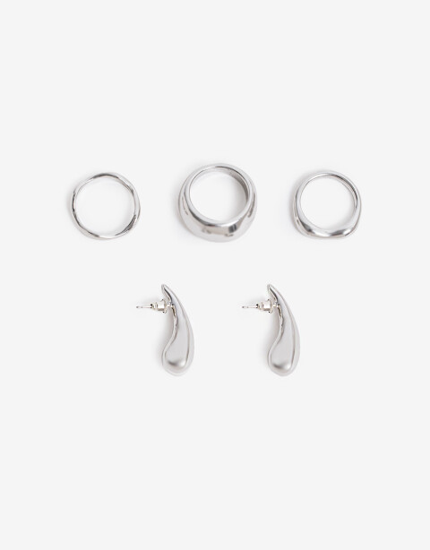 Bijouterie Set Metal Set De Aros Y Anillos Metal - Plateado Rodio
