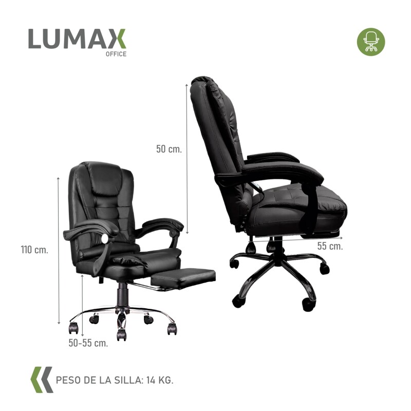Silla Ejecutiva en cuero Lumax Modelo Miles con Apoyapies y 2 Puntos de Masaje Negro