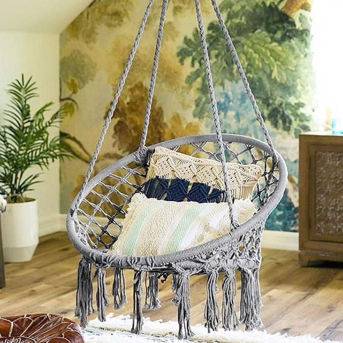 Silla Colgante / Hamaca Gris Algodón Ø 95cm x Alto 195cm 