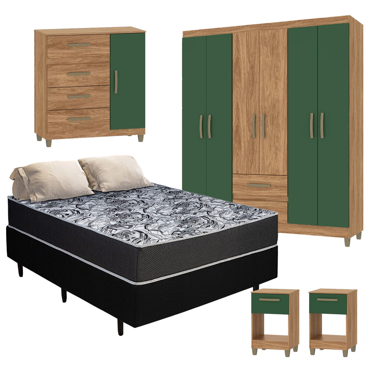 Combo dormitorio completo: Ropero + Sommier 2 plazas + Cómoda + 2 mesas de luz 