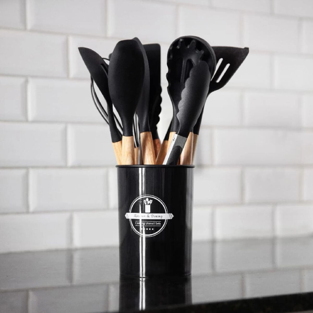 Set De Utensilios De Cocina Silicona Antiadherentes 11 Pcs - Negro 