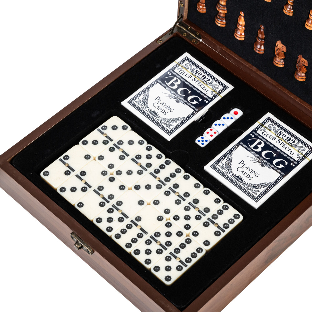 SET JUEGOS MADERA MARRON AJEDREZ, CARTAS, GENERALA Y DOMINÓ