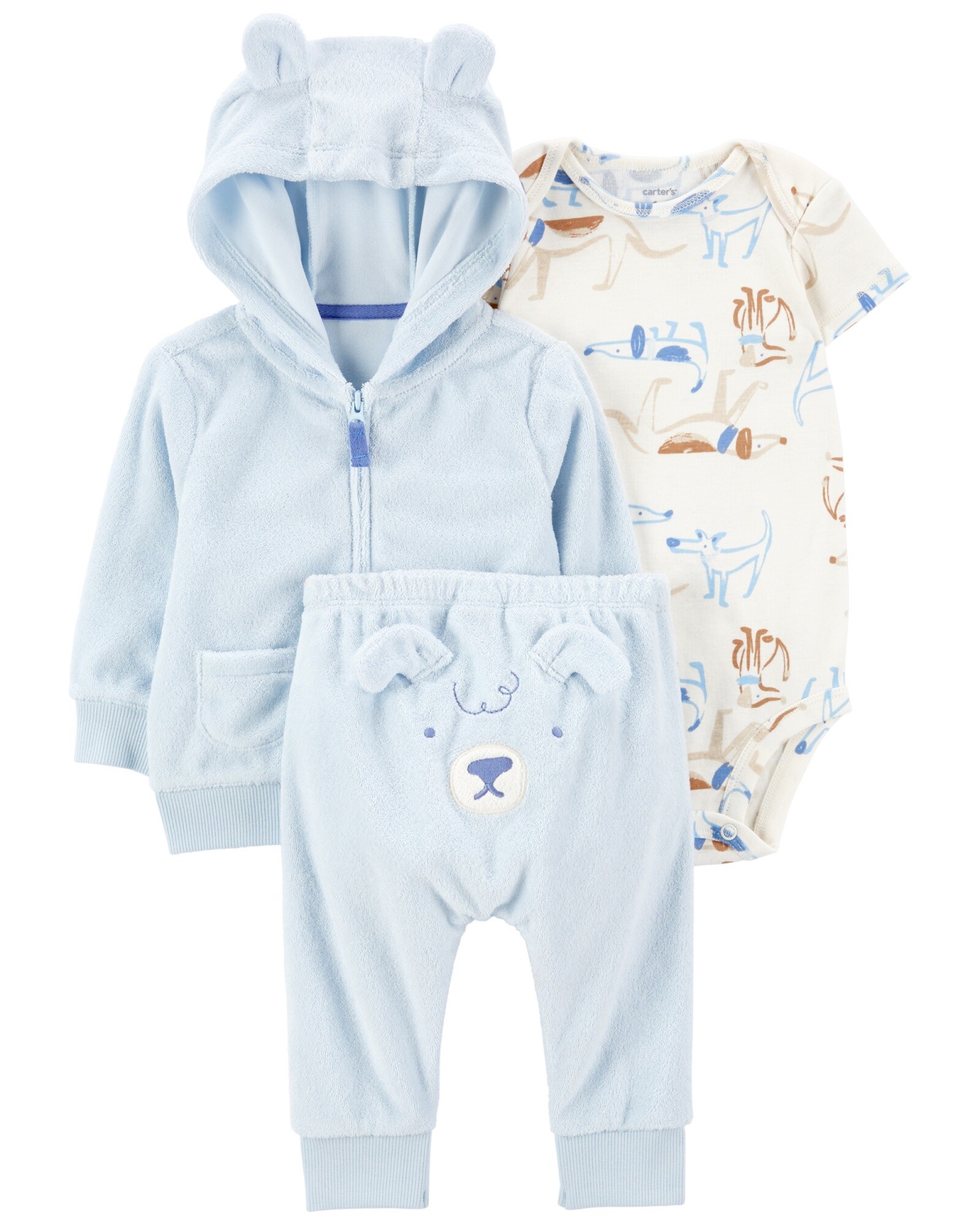 Set tres piezas, campera y pantalón de algodón terry más body de algodón, diseño perro Sin color