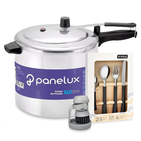 Set de Olla Presión 10L + Cubiertos 24Pzas + Cepillo p/Lavar Negro