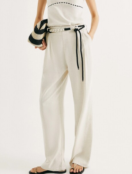 PANTALÓN RECTO CON CINTURÓN EN LINO BEIGE