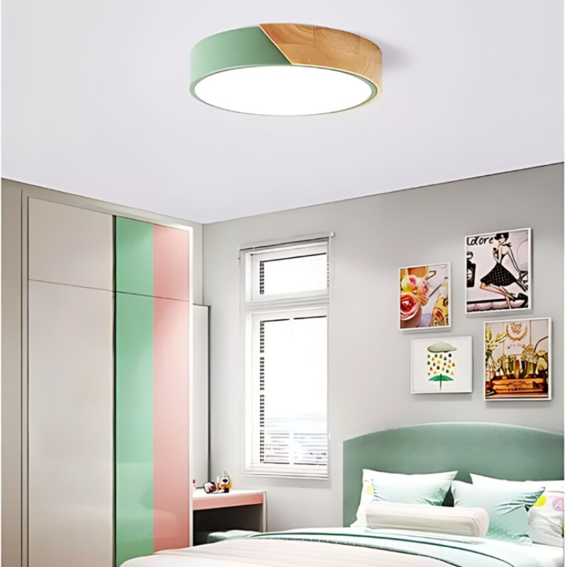Luminaria Luz Fria Plafon Led Diám 30cm Metal Y Madera Verde