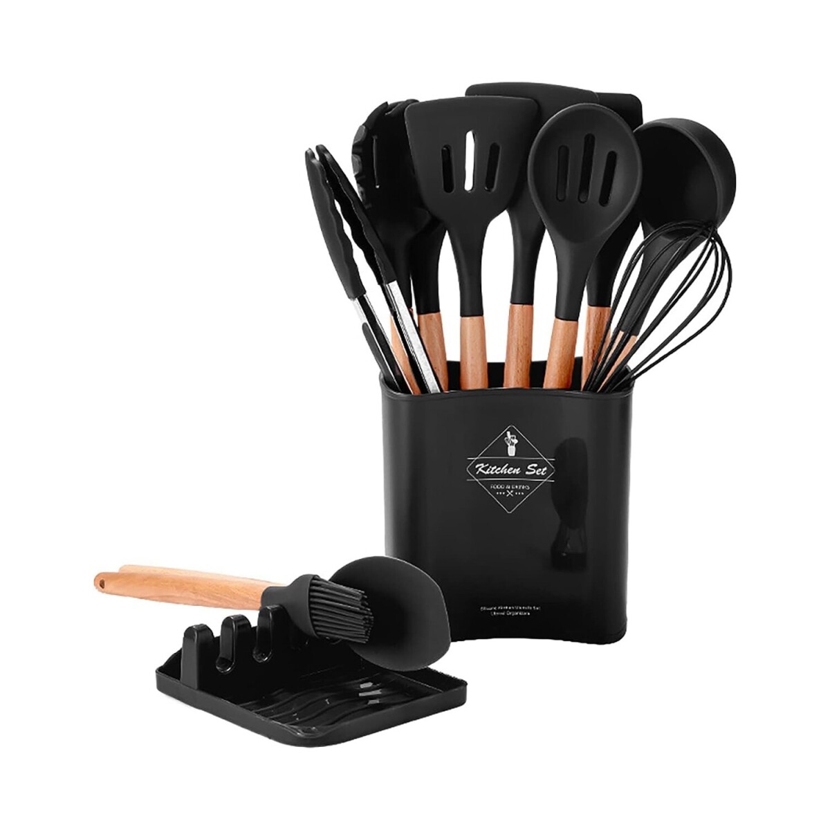 Set de menage en madera y silicona x 13 piezas - Negro 