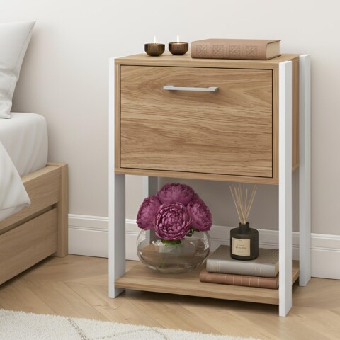 Mesa de Luz Noche Rivoli - Puerta Batiente y Estante Inferior - 45x60cm - Miel / Blanco Mesa de Luz Noche Rivoli - Puerta Batiente y Estante Inferior - 45x60cm - Miel / Blanco