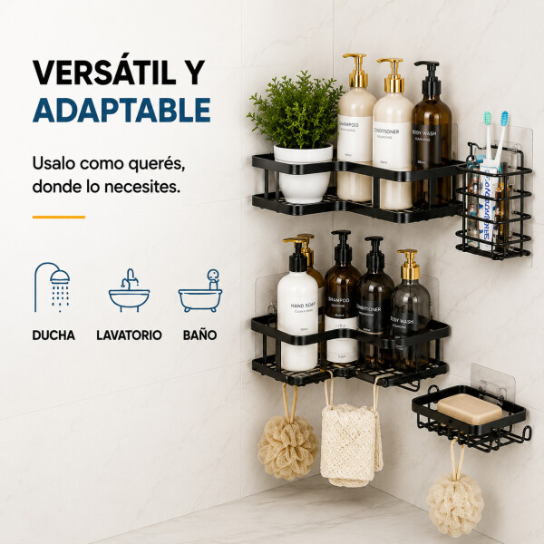 Organizador Baño Estante 5 Piezas Adhesivo Acero Inoxidable Negro 1