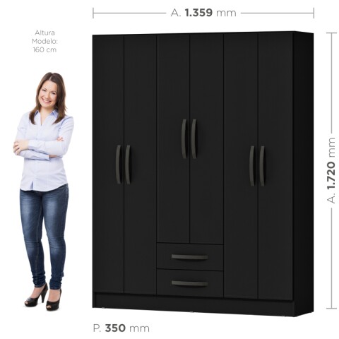 Ropero Armario 6 puertas 2 cajones con estantes y perchero interior natural 172X136X35 - Negro Ropero Armario 6 puertas 2 cajones con estantes y perchero interior natural 172X136X35 - Negro