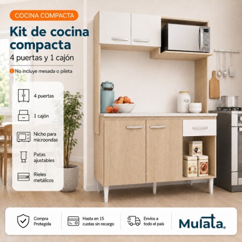 Kit de cocina compacta 4 puertas 1 cajón Patas Ajustables y Rieles Metálicos 122 x 52 x 187cm - Carvale / Blanco Kit de cocina compacta 4 puertas 1 cajón Patas Ajustables y Rieles Metálicos 122 x 52 x 187cm - Carvale / Blanco
