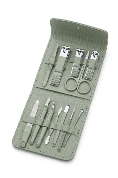 Set manicura estuche cuero vegano 12 piezas verde