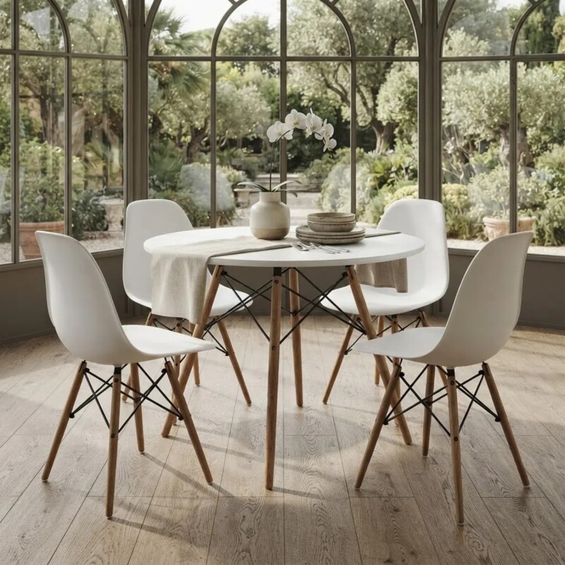 Juego de comedor Con Mesa Circular de 80cm + 4 Sillas Eames Blanco/Blanco