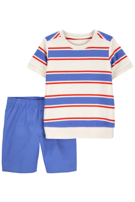 Set dos piezas, short de lona y remera de algodón diseño a rayas Sin color