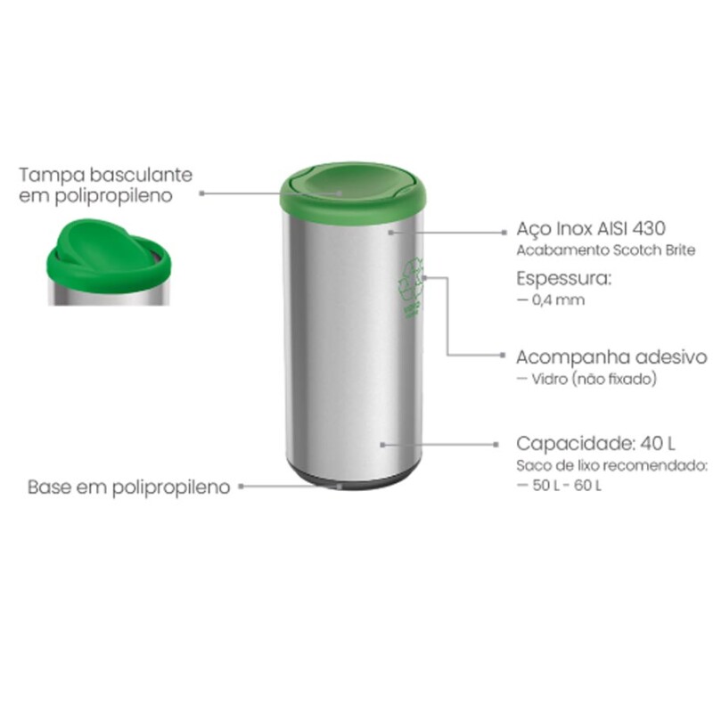 Cubo 40LTS Acero Inoxidable Tapa vaivén Verde - 94539/205 Cubo 40LTS Acero Inoxidable Tapa vaivén Verde - 94539/205