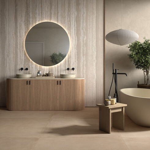 PORCELANATO PARA PISO Y PARED DE 120X278 MATE CON TEXTURA RECTIFICADO SERIE TRAVERTINO GAMAS DE BEIGE