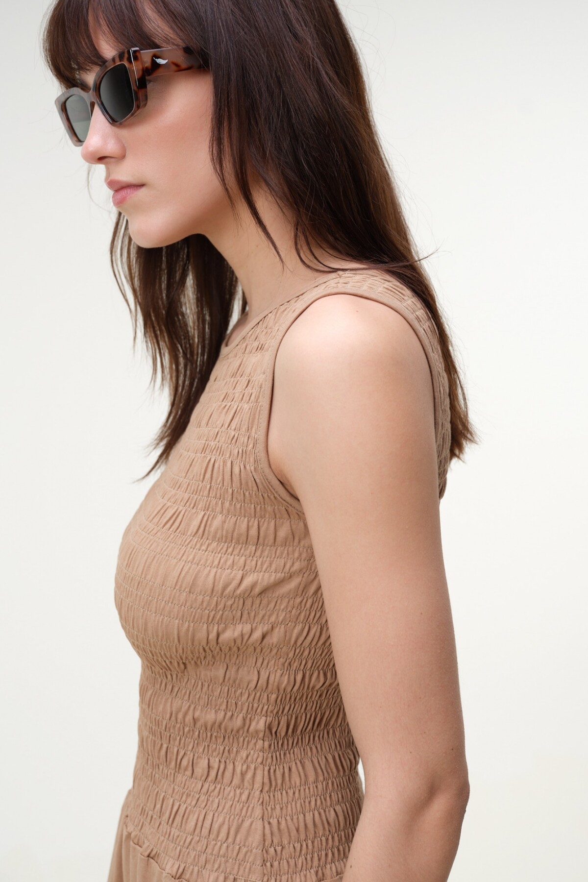 Vestido Frunces Algodón Marron