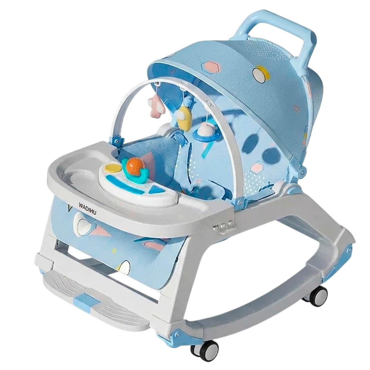 Silla 5 en 1 Bebé Mecedora Ruedas Comedor Sonido Interactivo - Celeste 