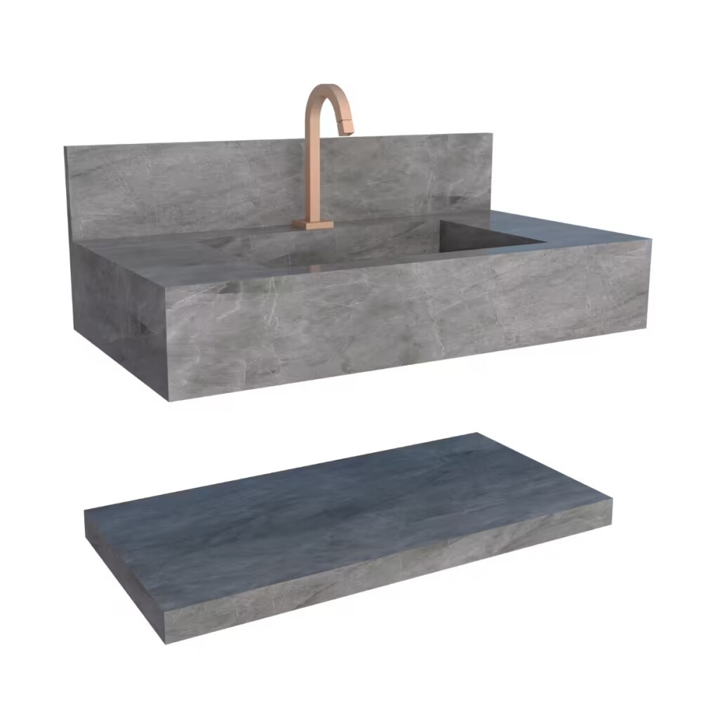 Mueble de baño suspendido de porcelanato gris 84 cm con bacha incorporada y estante flotante Mueble De Baño Suspendido De Porcelanato Gris 84 Cm Con Bacha Incorporada Y Estante Flotante