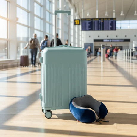 Set Valija Mediana Rígida + Almohadón Cervical Memoria Azul Celeste