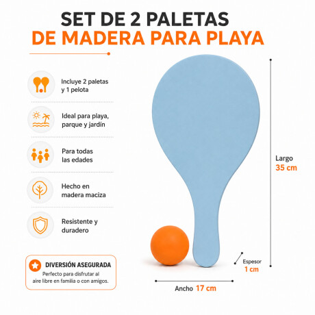 Set De 2 Paletas De Madera Para Playa + Pelota Celeste