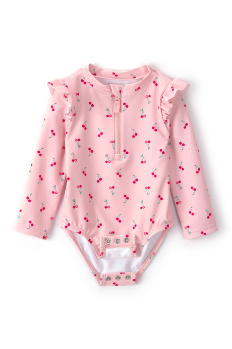 Malla de baño 1 pieza manga larga con protección UPF 50+, rosada, diseño cerezas. Talles 3-24M Malla de baño 1 pieza manga larga con protección UPF 50+, rosada, diseño cerezas. Talles 3-24M