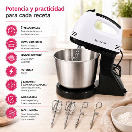 Batidora Con Bowl Giratorio Acero inox 7 Vel 300w Motor Blanco