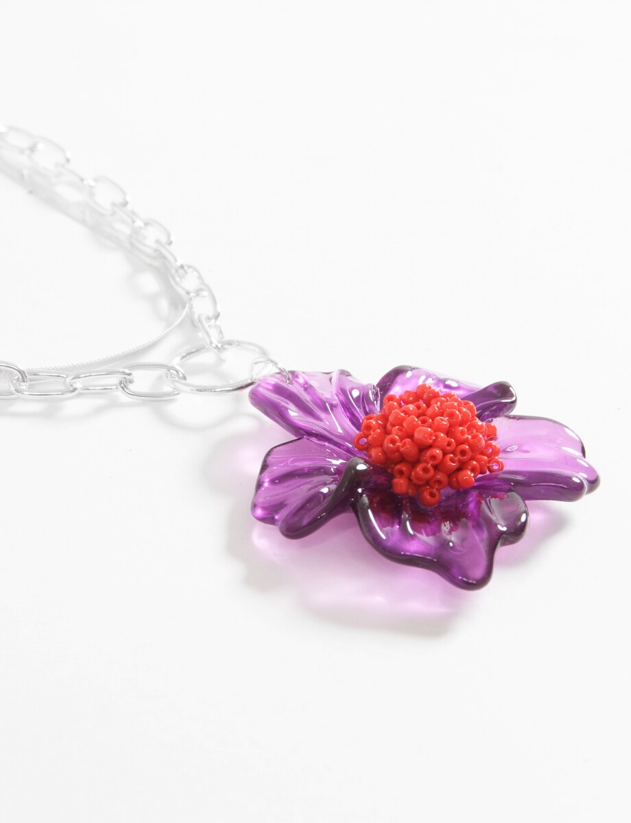 Collar doble cadena dije flor mostacilla - plateado 