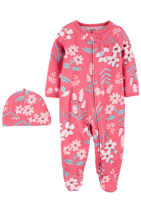 Pijama de algodón con pies y gorro diseño floral 0
