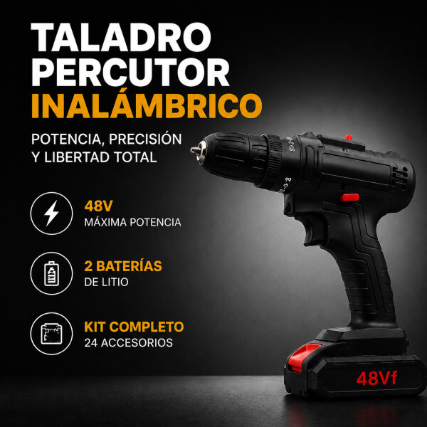 Taladro Percutor Atornillador + 2 Baterías 48V Inalambrico Negro