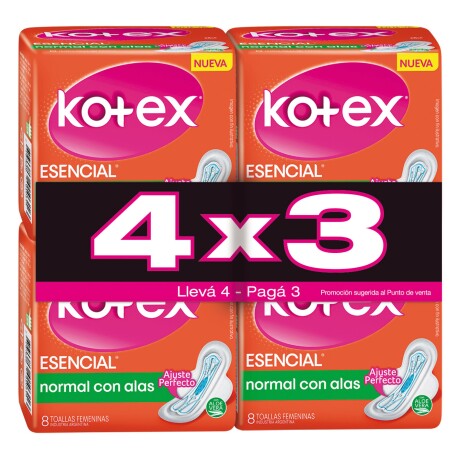 Toallitas Femeninas Kotex Esencial con Alas 32 Unidades Toallitas Femeninas Kotex Esencial con Alas 32 Unidades