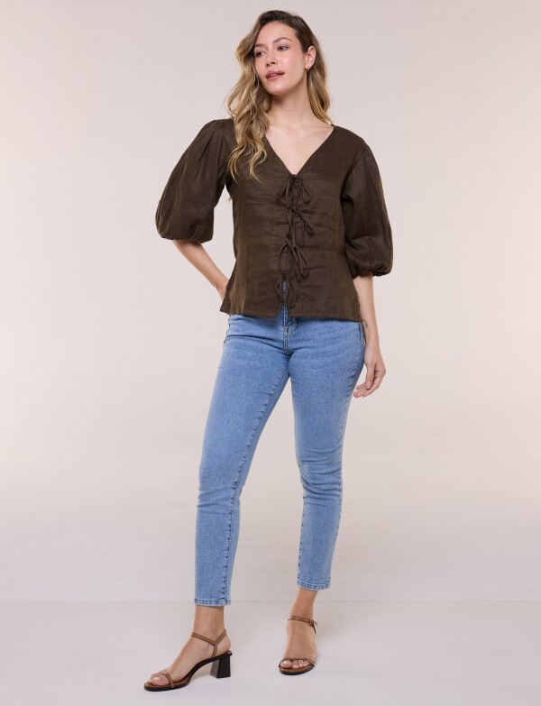 Blusa Lino Con Lazos OLIVA
