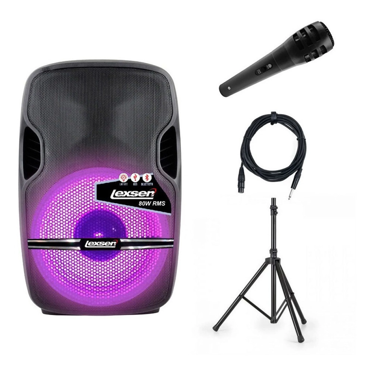Kit de Caja Acústica Lexsen Tiny 80W Bluetooth RGB + Micrófono + Soporte Negro