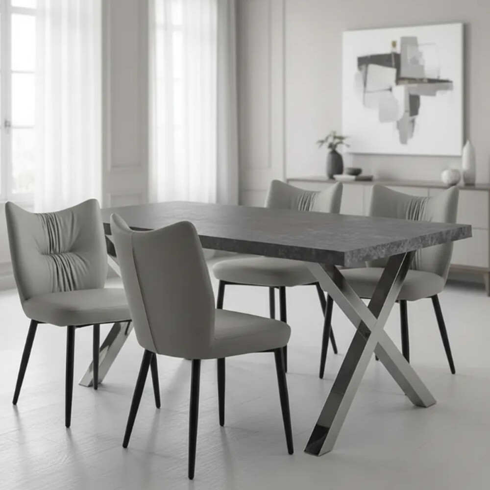 Juego De Comedor Mesa 1.60m + 4 Sillas Acolchonadas Ecocuero Gris Liso Juego De Comedor Mesa 1.60m + 4 Sillas Acolchonadas Ecocuero Gris Liso
