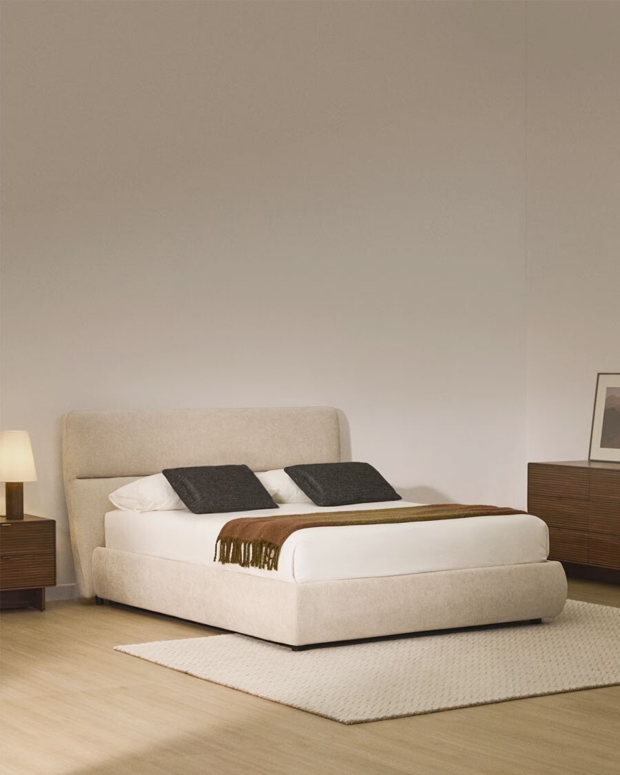 Cama desenfundable con canapé abatible Dafra de chenilla beige para colchón de 180 x 200 cm FSC 100% Cama desenfundable con canapé abatible Dafra de chenilla beige para colchón de 180 x 200 cm FSC 100%