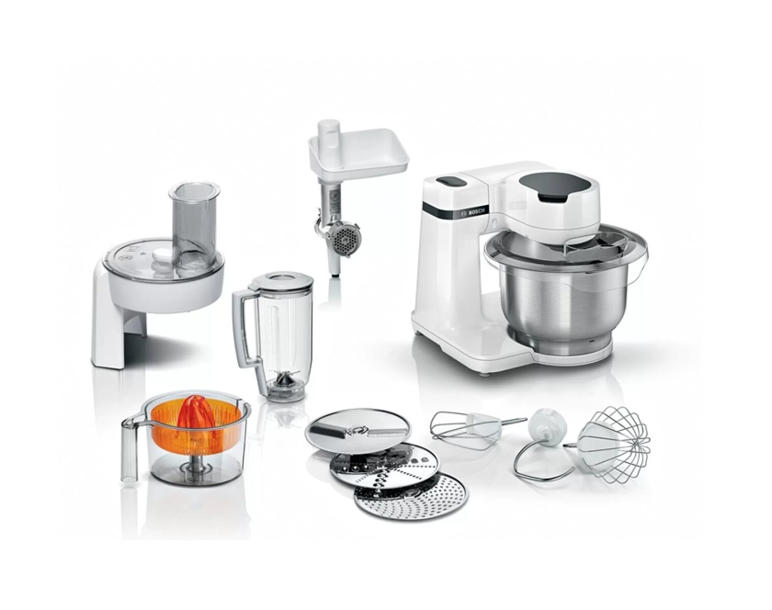 Robot de Cocina Bosch Blanco con Bowls de Acero Inox c/Accesorios 