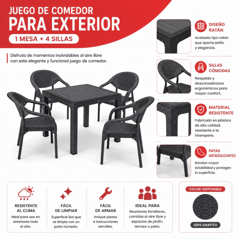 Mesa ratán 90x90+ 4 sillas sin apoya brazos GRIS