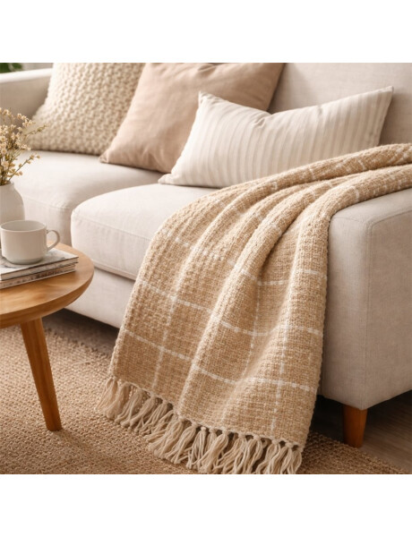 MANTA TEJIDA POLIESTER 125X150CM CUADROS BEIGE MANTA TEJIDA POLIESTER 125X150CM CUADROS BEIGE