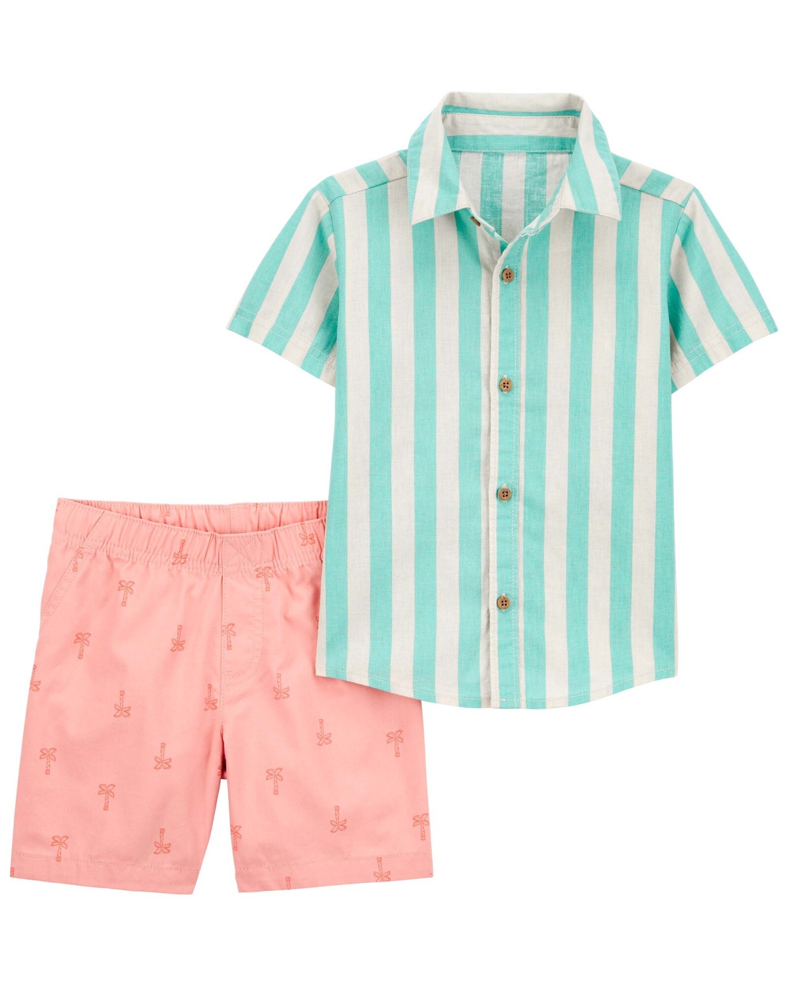 Set dos piezas, short de algodón y camisa de lino estampadas Sin color