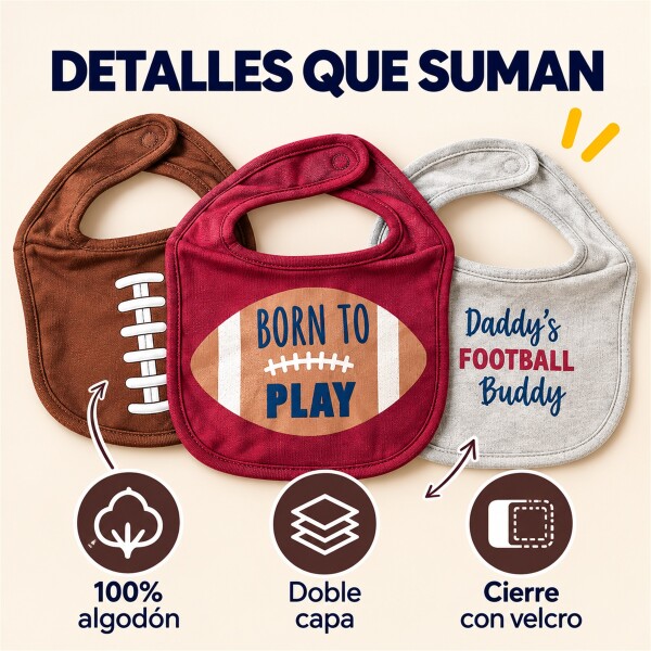 Set Baberos Para Bebé X3 Algodón Frases Surtidas Velcro Bordó 1