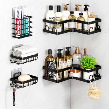 Organizador Baño Estante 5 Piezas Adhesivo Acero Inoxidable Negro 1