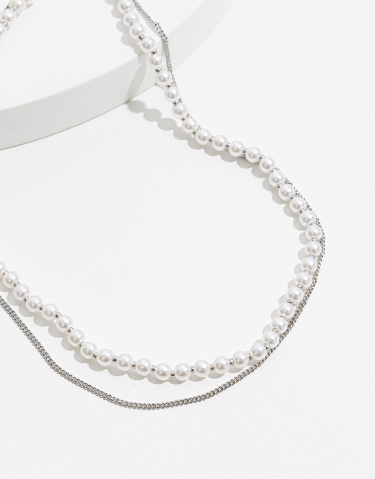 Collares Cortos Perla Collar Doble Con Perlas - Plateado Rodio