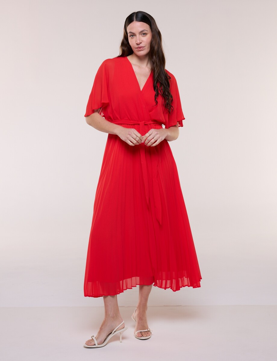 Vestido Noche Plisado Lazo - Rojo 