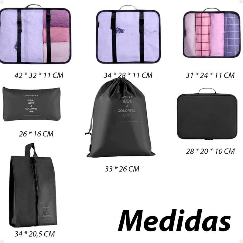 Bolso Organizador de Valija Para Viaje Necessaire de 7 Piezas Negro