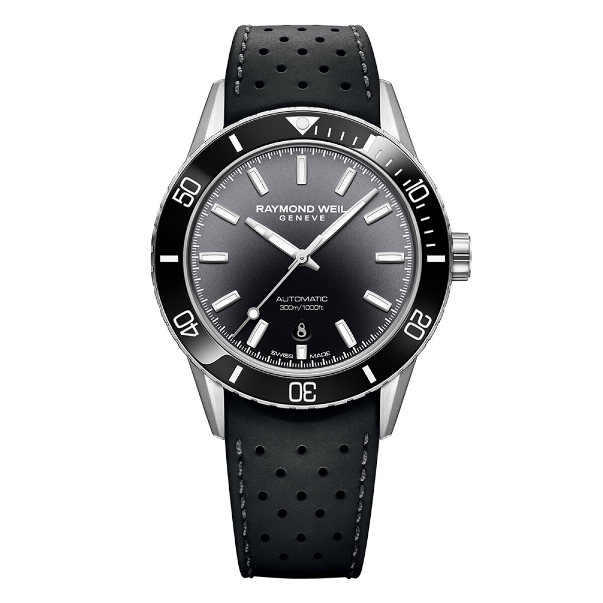 Reloj RAYMOND WEIL Freelancer Diver con esfera y bisel negros. 