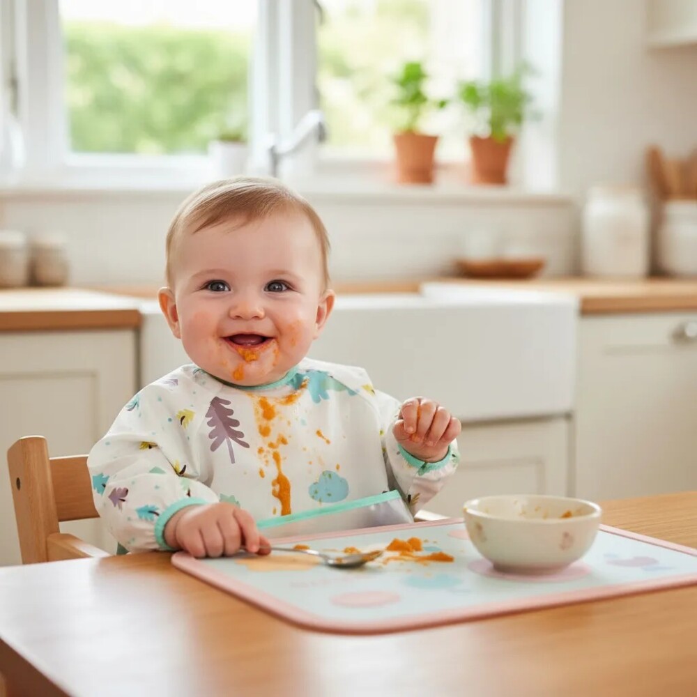 Babero con manga Little Ones dino blanco verde agua