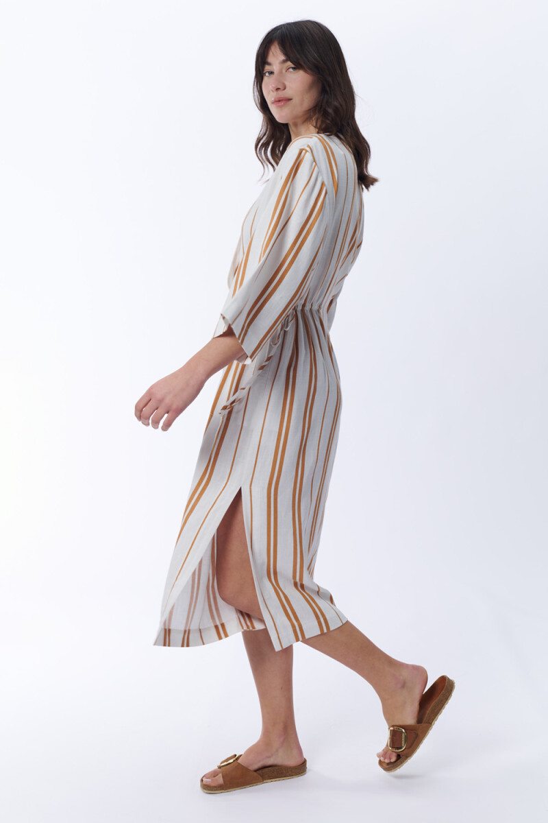 Vestido camisero rayado Blanco Y Camel